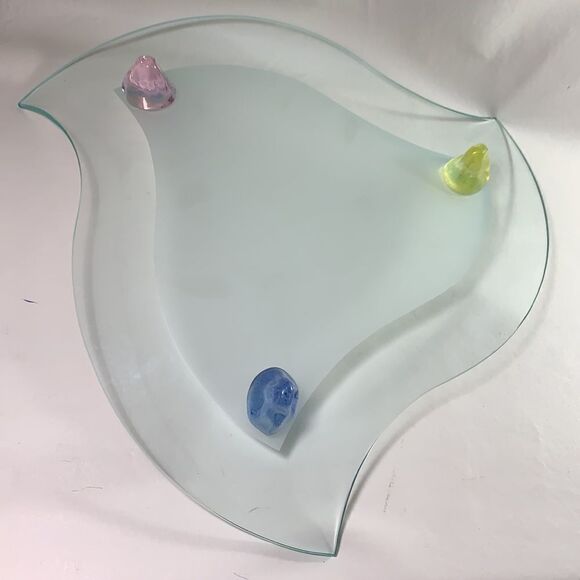 14 1/2 Inch Art Nouveau Glass 3 Footed Pink Blue Yellow Decorator Serving Tray - Picture 3 of 11